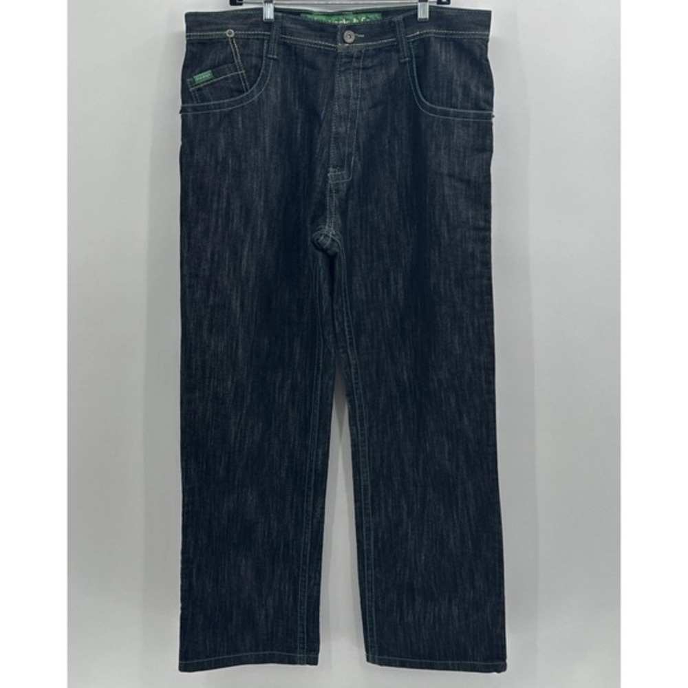 VTG Y2K Black Denim 5ive Jungle Jeans 38x32 Baggy Wide Leg Embroider Heavy Stich